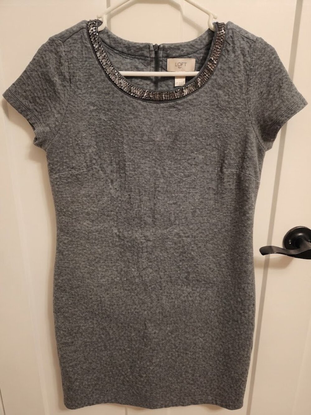 LOFT Gray Beaded Neckline Short Sleeve Mini Dress Size S